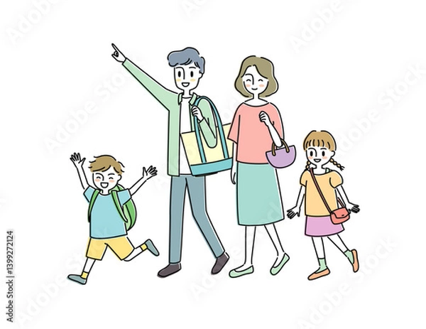 Fototapeta お出かけする家族のイラスト
