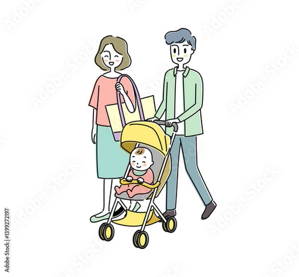Obraz 赤ちゃんとベビーカーでお出かけする夫婦のイラスト