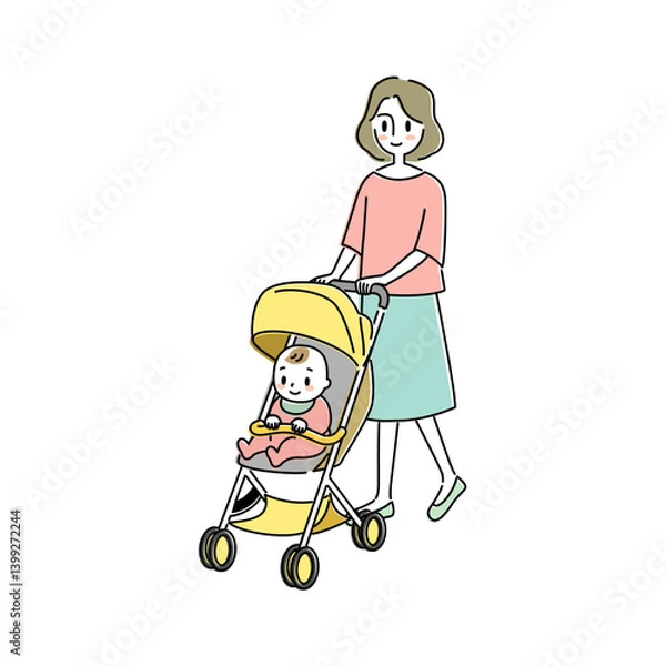 Obraz ベビーカーで赤ちゃんとお出かけするお母さんのイラスト