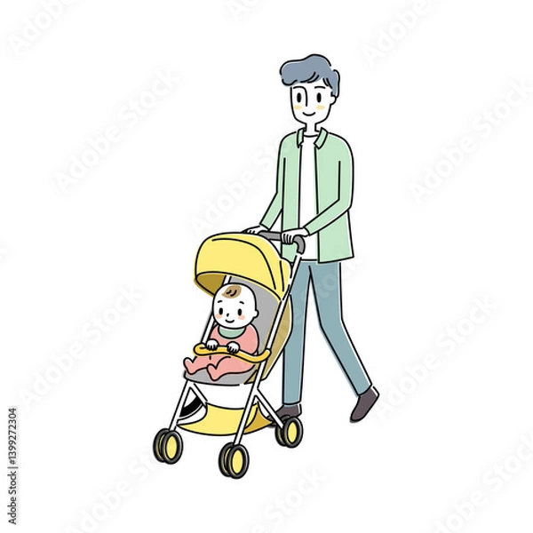 Obraz ベビーカーで赤ちゃんとお出かけするお父さんのイラスト