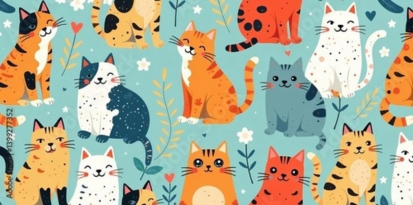 Fototapeta Playful cat illustrations in a seamless pattern, perfect for fashion designs, cute, seamless, illustration