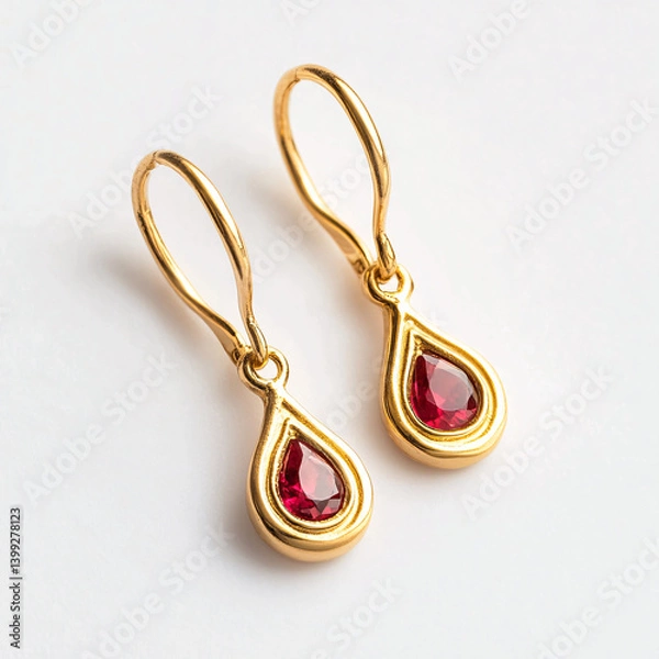 Obraz Elegant Gold Earrings with Ruby Gems on White Background