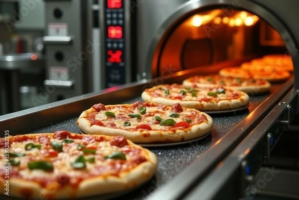 Fototapeta Freshly baked pizzas moving on a conveyor belt through a commercial oven.