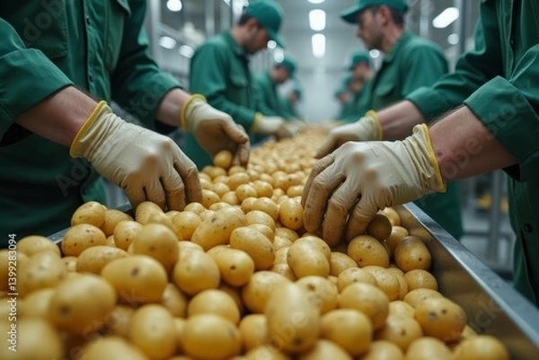 Fototapeta Workers sorting potatoes on a processing conveyor belt.
