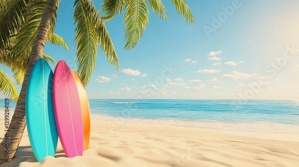 Fototapeta Vibrant surfboards leaning against a palm tree on a serene beach