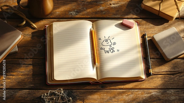 Fototapeta an open lined book centrally placed on a rustic wooden table, showcasing a playful doodle drawing. A pencil and eraser rest casually atop the book, absorbing warm, natural 