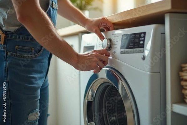 Fototapeta Adjusting the washing machine settings for a laundry cycle.