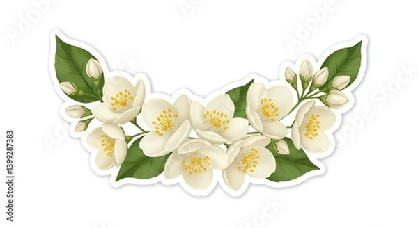 Obraz Jasmine flower branch with white blossoms and green leaves, isolated on white background