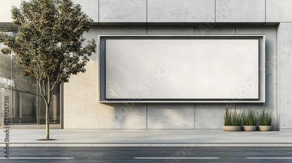 Fototapeta Mockup of a large white billboard on the facade of a modern building in the city for advertising layouts, urban planning blogs and architectural visualisation sites.