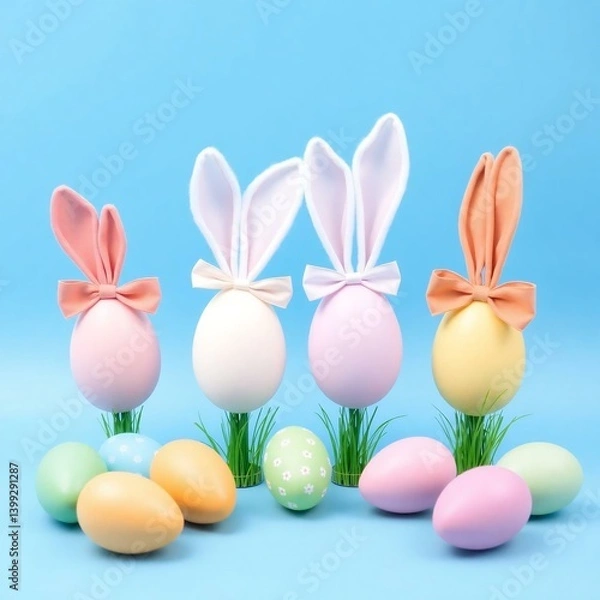 Fototapeta Decorative vertical Easter eggs in pastel shades and bunny ears arranged on a blue background AI