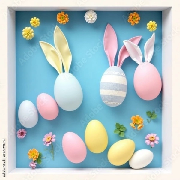 Fototapeta Decorative vertical Easter eggs in pastel shades and bunny ears arranged on a blue background AI