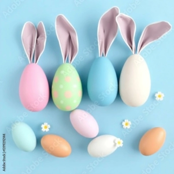Fototapeta Decorative vertical Easter eggs in pastel shades and bunny ears arranged on a blue background AI