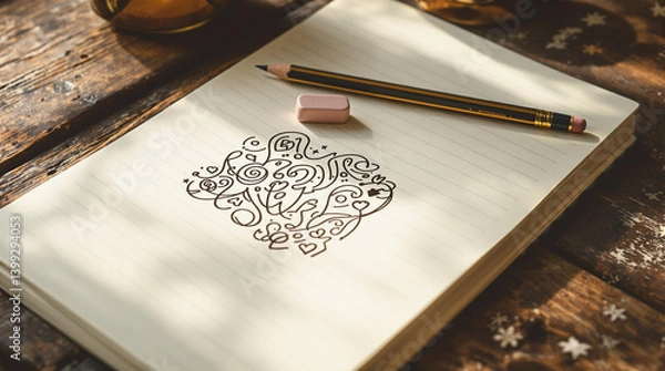 Fototapeta an open lined notebook showcasing a doodle, with a classic pencil and a worn eraser placed on top. 