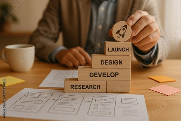 Obraz Business development roadmap with wooden blocks representing project stages from research to launch and hand placing rocket on final step..