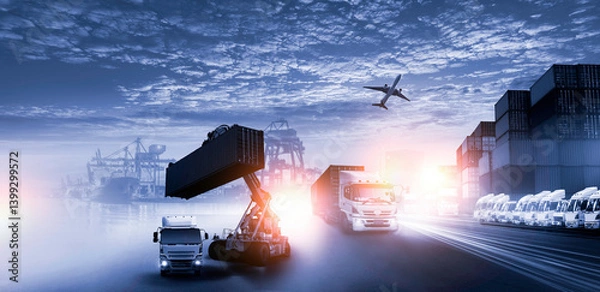 Fototapeta Container truck in ship port for business Logistics and transportation of Container Cargo ship and Cargo plane with working crane bridge in shipyard, logistic import export and transport i