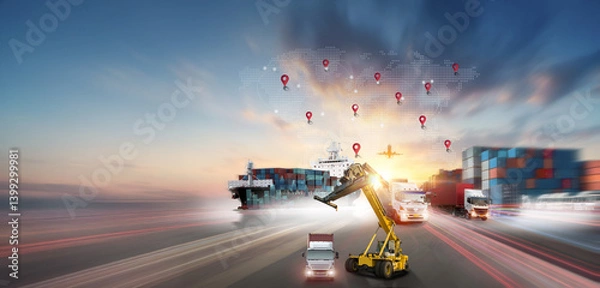 Obraz Container truck in ship port for business Logistics and transportation of Container Cargo ship and Cargo plane with working crane bridge in shipyard at sunrise, logistic import export 