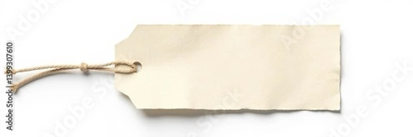 Fototapeta Cream colored woven label with string, isolated on pure white backdrop, marketing, organic