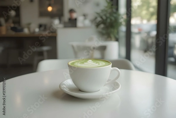 Fototapeta Elegant matcha latte art, a moment of breaktime bliss in a bright cafe