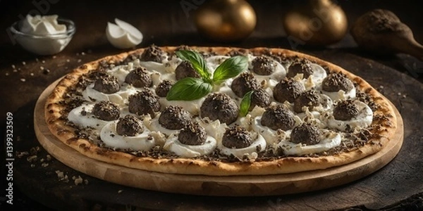 Fototapeta Exklusive Trüffelpizza mit cremiger Ricottabasis, schwarzen Trüffelkugeln, gehobeltem Trüffel und Basilikum auf Holzplatte serviert