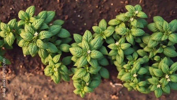Fototapeta Top-Down View of Thriving Basil Plants on a Lush Farm
