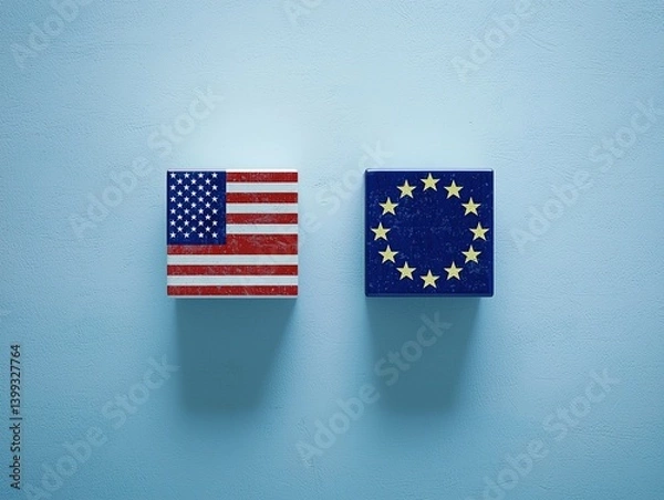 Fototapeta Flat lay of European Union and United States flags on light blue background symbolizing diplomacy, international relations, and cooperation in minimalistic and clean composition.
