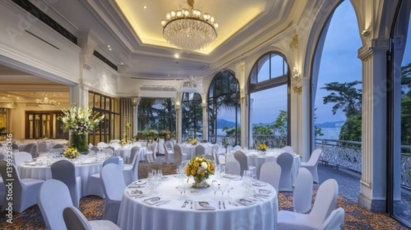 Obraz A beautiful reception hall with tables and outdoor views