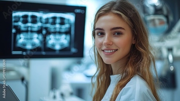 Fototapeta Cheerful Caucasian Female Healthcare Worker Wearing White Coat Smiling and Working on Computer in Modern Medical Office or Hospital Environment