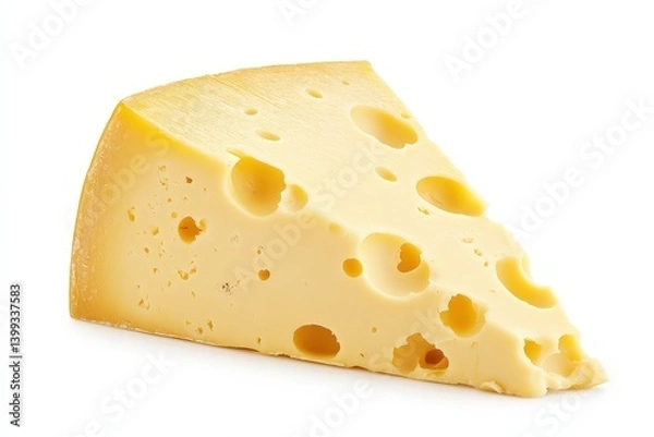 Fototapeta A triangular slice of cheese with many irregular holes shown
