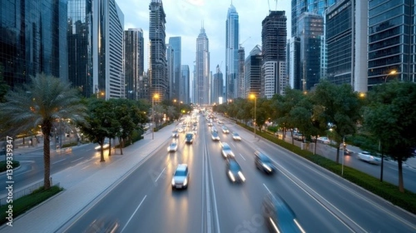 Fototapeta Breathtaking view of a vibrant and bustling metropolitan city skyline at twilight with towering modern skyscrapers illuminated highways and a dense network of roads and transportation