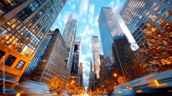 Fototapeta Vibrant cityscape with towering skyscrapers glass facades reflecting the sky and a touch of autumnal splendor in the foreground