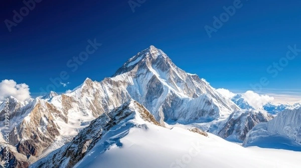 Fototapeta Majestic snow capped mountain peak rising into the clear azure sky against a backdrop of rugged glacial terrain and rocky outcroppings in a remote and isolated alpine wilderness landscape  An epic