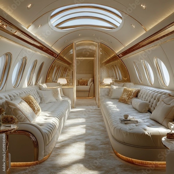 Fototapeta Luxurious private jet interior showcasing an elegant and spacious cabin design with plush leather seating contemporary furnishings and premium amenities for a first class travel experience