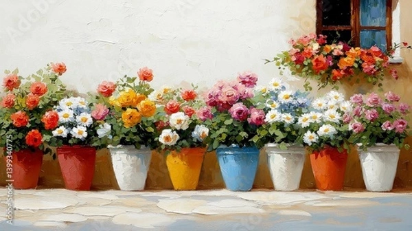 Fototapeta Vibrant Flower Pots Displaying Colorful Blooms Against a Rustic Wall with Decorative Window and Vase of Flowers