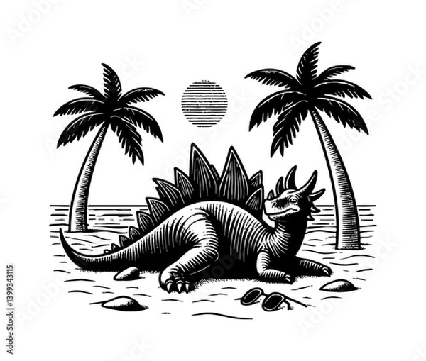 Obraz Stegosaurus Resting on Beach with Palm Trees and Sun in Black and White Engraving