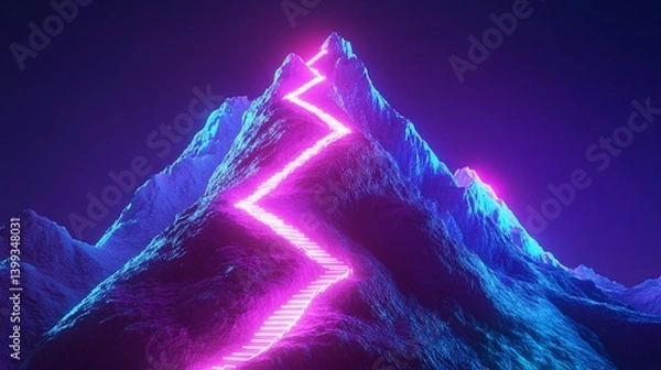 Fototapeta Futuristic Neon Stairway to the Mountain Peak in a Digital Landscape