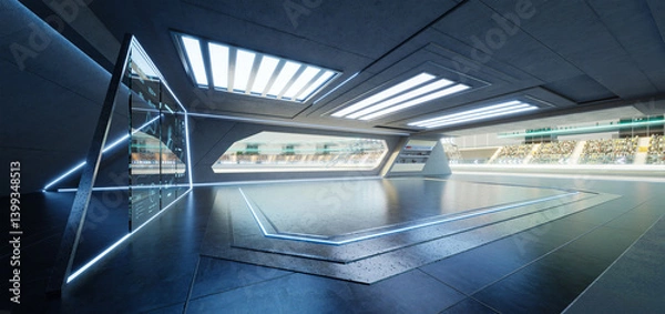 Fototapeta 3D rendering Futuristic garage showing racetrack and digital displays