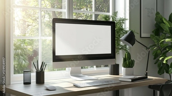 Fototapeta A modern home office workspace by a sunny window.