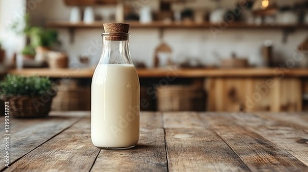 Obraz Glass milk bottle on rustic kitchen table