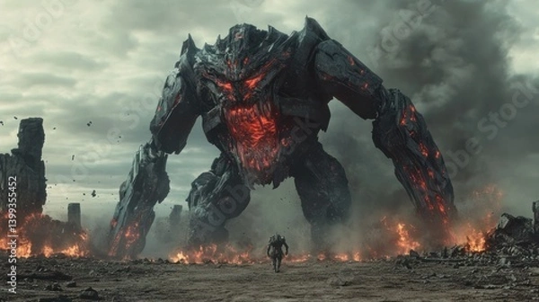 Fototapeta A huge robot war machine is terrifying, through the destroyed battlefield. background wallpaper AI generated image