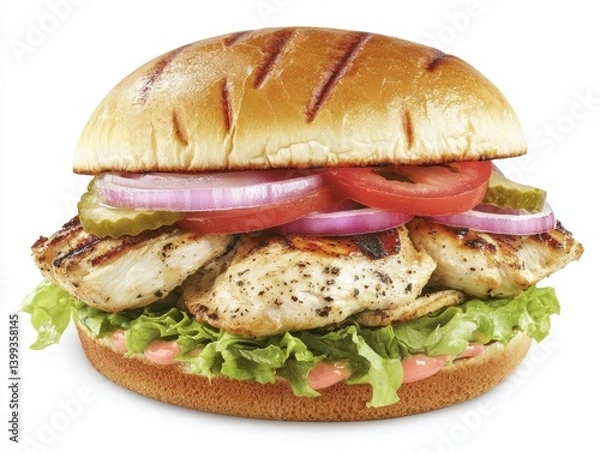 Fototapeta Delicious grilled chicken sandwich with fresh vegetables on a bun for a flavorful bite closeup