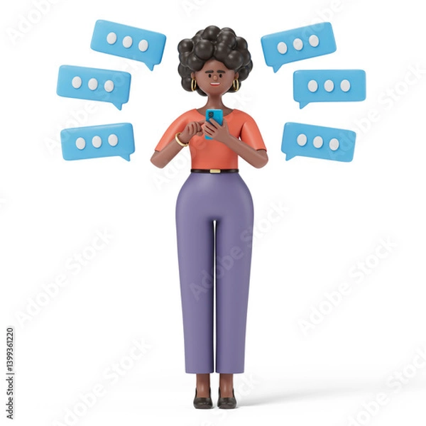 Fototapeta woman on phone with speech bubbles, symbolizing communication and social interaction. 3D rendering, conceptual image. Isolated on white background.