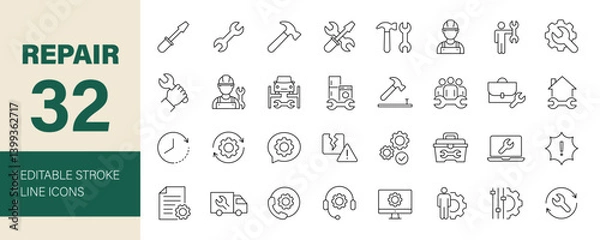 Fototapeta Repair icon set. Containing fix, toolbox, repairman, recovery, setting, restoration, car service, construction, maintenance and more. Editable line icons. Vector illustration.