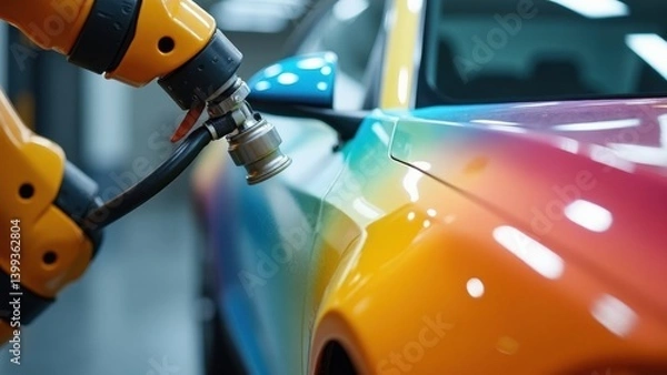 Fototapeta A robotic arm applies spray paint to a sleek car body, with vibrant colors flying through the air, reflecting modern automotive technology in action.