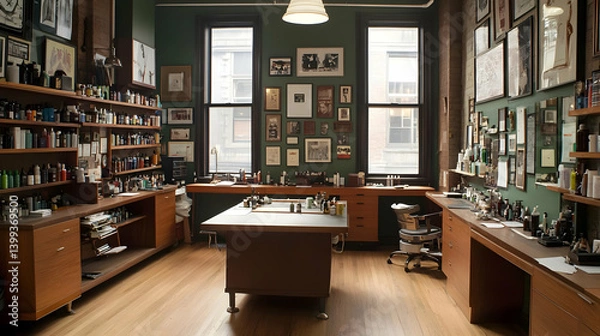 Fototapeta Vintage Inspired Workspace With Warm Wood Tones