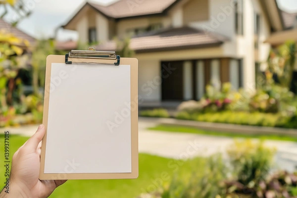 Fototapeta Close-up of a hand holding a blank clipboard in front of a modern suburban house with blurred background, Concept of real estate, home inspection and property assessment.