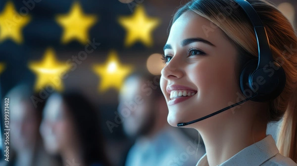 Fototapeta Smiling female customer service representative wearing a headset with glowing five stars rating symbols in background, Concept of support, satisfaction, communication and service excellence.