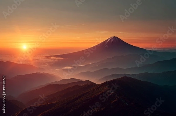 Obraz Mount Fuji at Sunrise Above the Clouds and Layers of Mountains