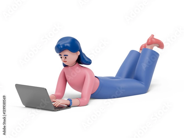 Fototapeta A woman lies on the floor using a laptop, symbolizing a casual or unconventional approach to work or study. 3D rendering, conceptual image. Isolated on white background.
