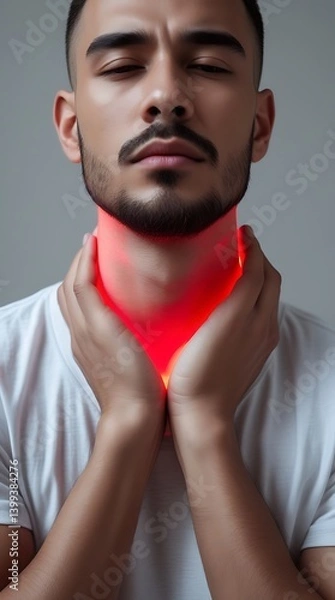 Fototapeta Close-up of male neck with red LED light therapy on lymphatic points, showcasing non-invasive alternative treatment for pain relief, detox support, and holistic neck health care.

