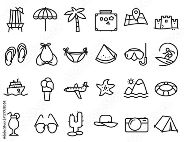 Fototapeta Summer beach icons set in line thin and simply style. Pictogram with recreation, travel and vacation objects.